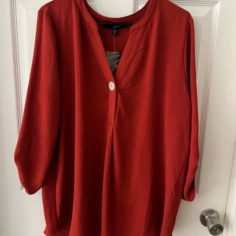 Red Boxy Blouse with Mandarin Collar